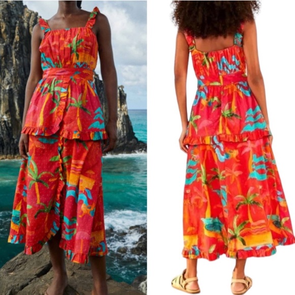 REPOSH - NWT Farm Rio Ipanema Red Tropical Ruffle Midi Dress - Picture 2 of 8